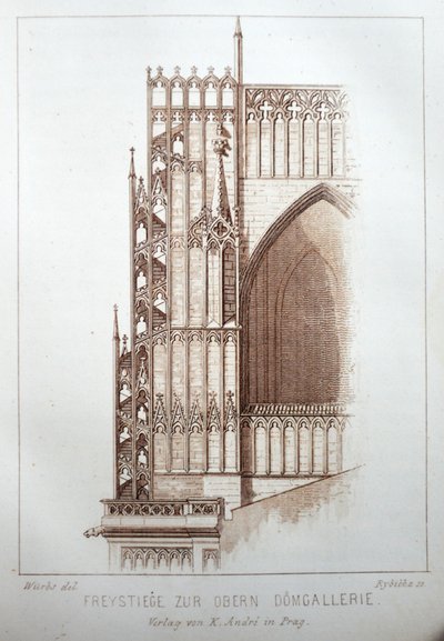 Illustratie uit het boek Der Dom zu Prag uit 1858, die de galerij van de Sint-Vituskathedraal toont door Karl Wurbs